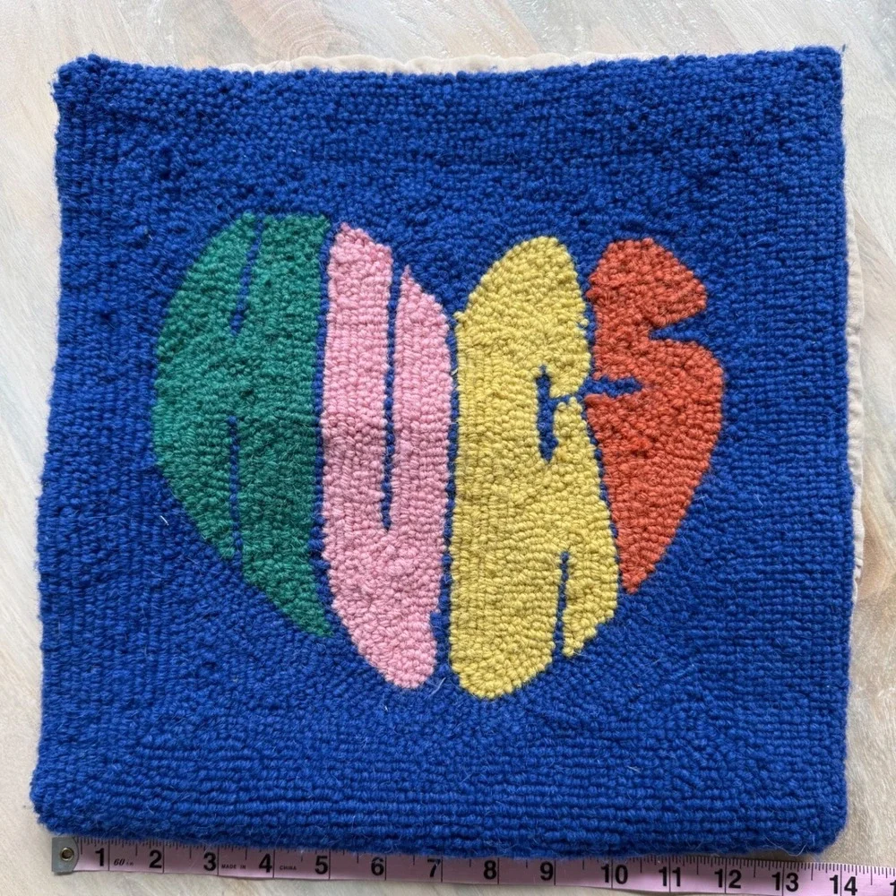 HUGS Heart Wool Hook Pillow Cover 14x14 Blue Pop Art‎ Colorful Kidcore Fun Decor